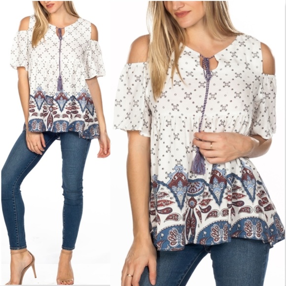 Boho Off The Shoulder COLORBLOCK Baby Doll Top - Picture 2 of 4